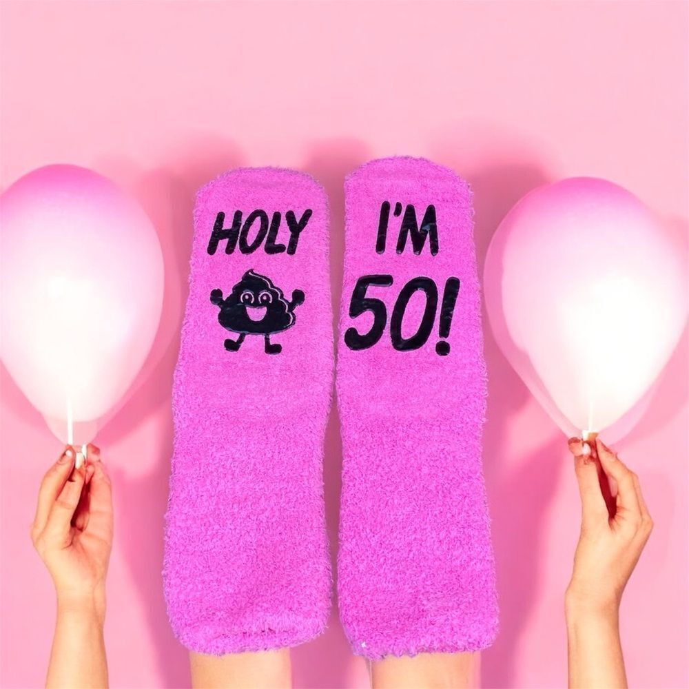New Happy Pop Hot Pink Fuzzy Birthday Socks w/Graphic Print Holy Poop I'm 50! OS
